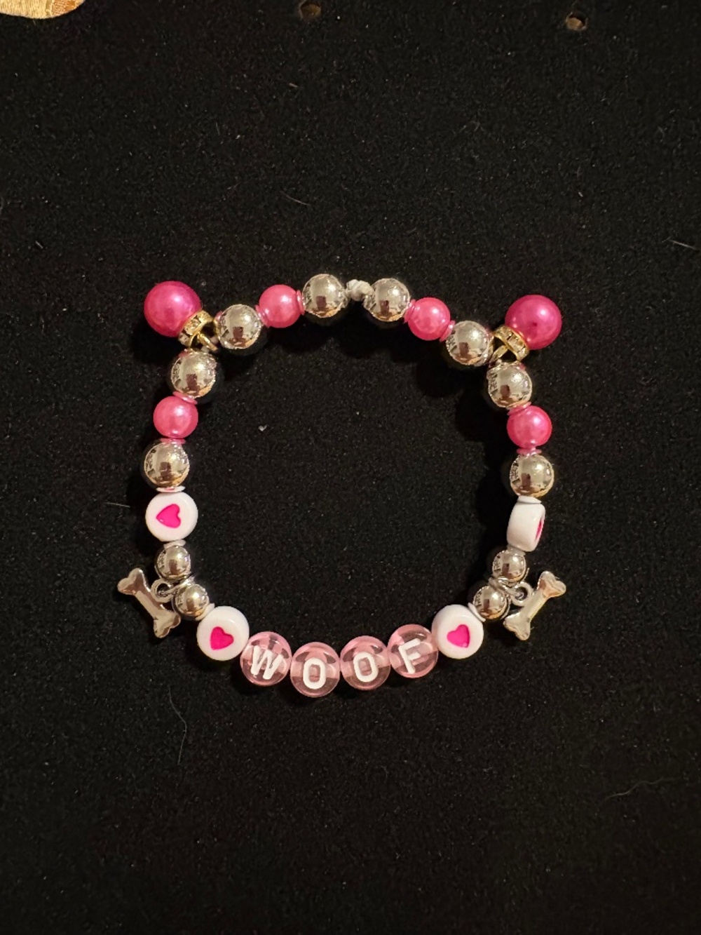 Parky’s Place Handmade WOOF Stretch Bracelet Pink Silver Bone Dog Mom